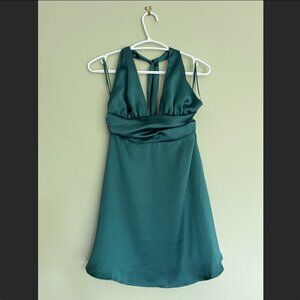 Satin halter top fit and flare mini dress XS dark emerald green
